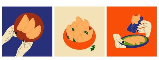 Set of three Hand holds empanada. Latin American food empanadas in plate. Vector in cartoon style.