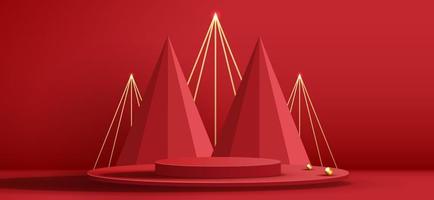 Podium shape for show cosmetic product display for Christmas day or New Years. Stand product showcase on red background with tree christmas. vector design.