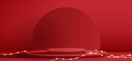 Podium shape for show cosmetic product display for Christmas day or New Years. Stand product showcase on red background with tree christmas. vector design.