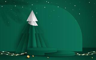 Podium shape for show cosmetic product display for Christmas day or New Years. Stand product showcase on green background with tree christmas. vector design.