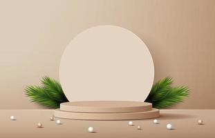 Podium shape for show cosmetic product display for Christmas day or New Years. Stand product showcase on brown background with tree christmas. vector design.