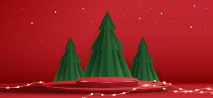 Podium shape for show cosmetic product display for Christmas day or New Years. Stand product showcase on red background with tree christmas. vector design.