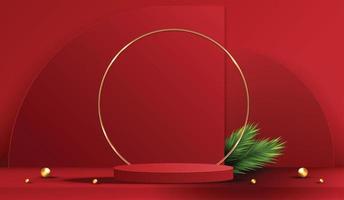 Podium shape for show cosmetic product display for Christmas day or New Years. Stand product showcase on red background with tree christmas. vector design.