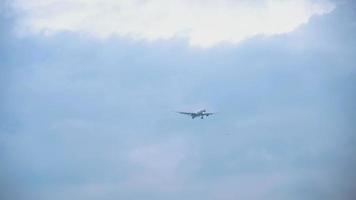 de plan flugor i de molnig grå himmel i regnig väder. flygplan närmar sig i de regn video