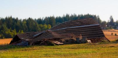 Collapsed abandoned old wooden barn photo