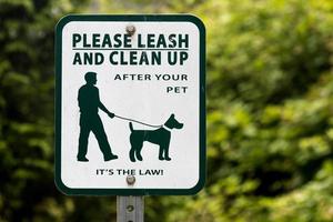 Dog leash and scoop sign with green tree photo