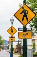 Crosswalk signs on a lamp post with arrows and a man symbol photo