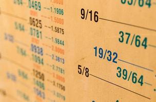 tabla de conversión de tamaño de medida fraccionaria a decimal amarillenta por la edad foto