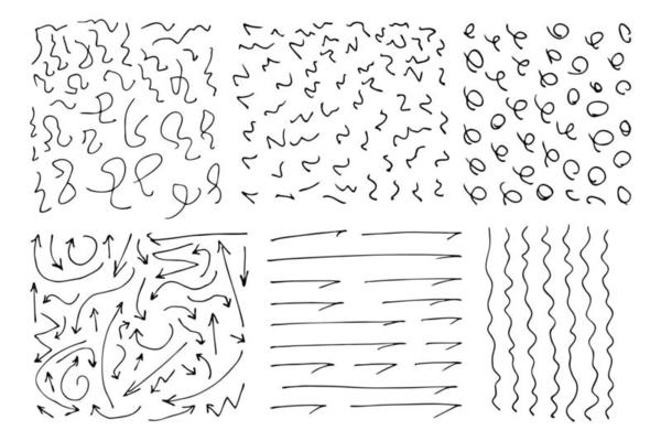 Hand drawn squiggles. Big set of curly swirls. Black sketch isolated on white background. Vector illustration.