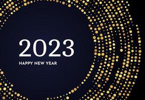 2023 Happy New Year of gold glitter pattern in circle form. Abstract gold glowing halftone dotted background for Christmas holiday greeting card on dark background. Vector illustration