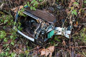 Dismantled smashed television set with plants and weeds growing photo