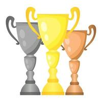 Set of vector trophy champion cups in gold, silver and bronze. Championship prizes for first, second and third place. Victory symbols isolated on white background.