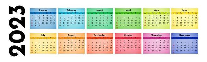 Horizontal calendar for 2023 isolated on a white background. Sunday to Monday, business template. Vector illustration