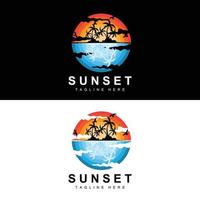 Sunset Beach Logo Design, Seascape Illustration, Red Day Vacation Spot Vector