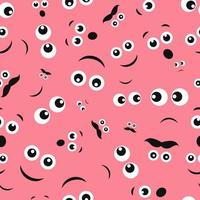 Cartoon faces with emotions. Seamless pattern with different emoticons on pink background. Vector illustration