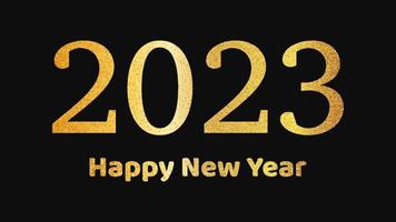 2023 Happy New Year gold background. Abstract backdrop with a gold glitter inscription on dark for Christmas holiday greeting card, flyers or posters. Vector illustration