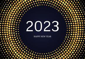 2023 Happy New Year of gold glitter pattern in circle form. Abstract gold glowing halftone dotted background for Christmas holiday greeting card on dark background. Vector illustration