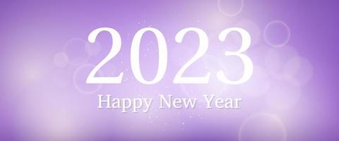 Happy new year 2023 incription on blurred background. White numbers on backdrop with confetti, bokeh and lens flare. Vector illustration