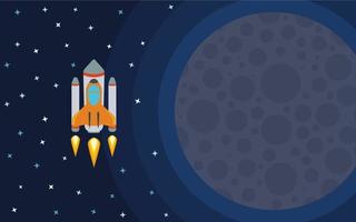 The rocket in space near the planet. Space travel. Vector illustration with flying rocket.