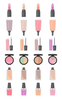 Set of twenty four makeup items in flat style. Vector illustration.