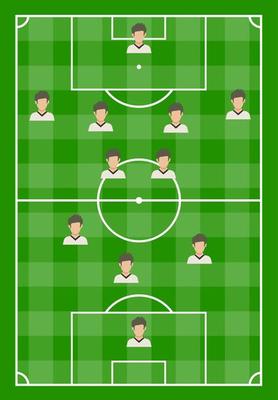 Football field with green grass and with eleven players. Vector illustration