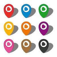 Set of nine colorful map pointers with leaf icon in white circle and with shadow. Vector illustration