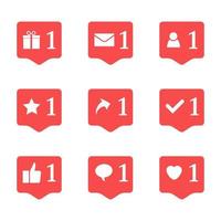 Set of nine notifications in social media. Heart, star, follower, message, check, gift, comment, like, repost. Vector illustration.