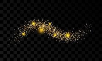 Light wave with gold glitter effect on a dark transparent background. Abstract swirl lines. Vector illustration