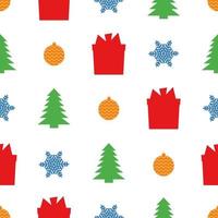 Christmas semless pattern with snowflake, christmas ball, gift box and Christmas tree on white background. Vector illustration