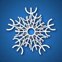 Paper cut snowflake. White snowflake on blue background. Christmas and New Year decoration elements. Vector illustration