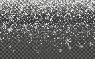 Snowfall and falling snowflakes on dark transparent background. White snowflakes and Christmas snow. Vector illustration