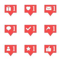 Set of nine notifications in social media. Heart, star, follower, message, check, gift, comment, like, repost. Vector illustration.