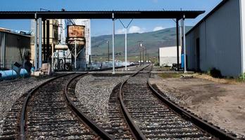 2 railroad tracks leading in to a loading unloading facility photo