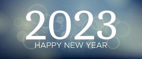 Happy new year 2023 incription on blurred background. White numbers on backdrop with confetti, bokeh and lens flare. Vector illustration