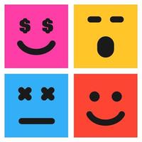 Set of four colorful emoticons with smiley, surprised and dissatisfied faces. Emoji icon in square. Flat background pattern. Vector illustration