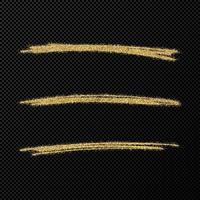 Abstract shiny confetti glittering waves. Set of three hand drawn brush golden strokes on black transparent background. Vector illustration