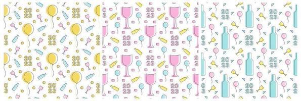 Set of Happy New Year 2023 Seamless Pattern Design with Decoration in Template Hand Drawn Cartoon Flat Illustration vector