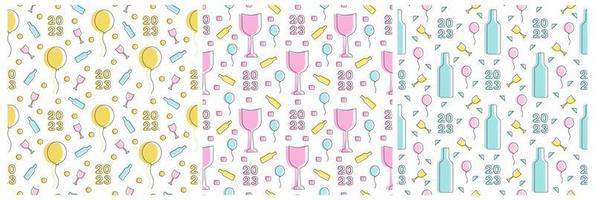 Set of Happy New Year 2023 Seamless Pattern Design with Decoration in Template Hand Drawn Cartoon Flat Illustration vector