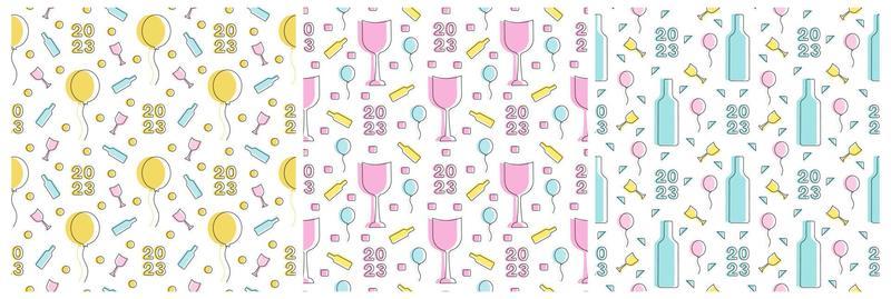 Set of Happy New Year 2023 Seamless Pattern Design with Decoration in Template Hand Drawn Cartoon Flat Illustration