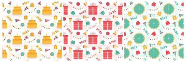 conjunto de feliz año nuevo 2023 diseño de patrones sin fisuras con decoración en plantilla ilustración plana de dibujos animados dibujados a mano vector