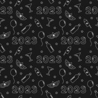 feliz año nuevo 2023 diseño de patrones sin fisuras con decoración en plantilla ilustración plana de dibujos animados dibujados a mano vector