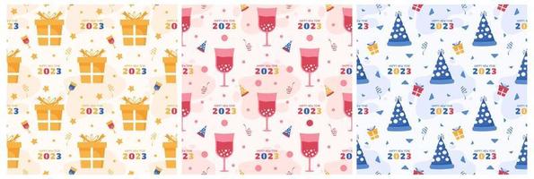 Set of Happy New Year 2023 Seamless Pattern Design with Decoration in Template Hand Drawn Cartoon Flat Illustration vector