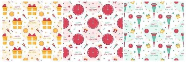 Set of Happy New Year 2023 Seamless Pattern Design with Decoration in Template Hand Drawn Cartoon Flat Illustration vector