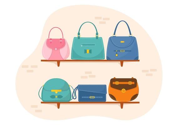 Handbag Store with Collection of Various Quality Bags and Different Types of Lifestyle in Flat Hand Drawn Cartoon Template Illustration