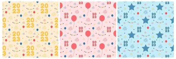 Set of Happy New Year 2023 Seamless Pattern Design with Decoration in Template Hand Drawn Cartoon Flat Illustration vector