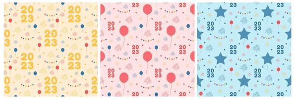 Set of Happy New Year 2023 Seamless Pattern Design with Decoration in Template Hand Drawn Cartoon Flat Illustration vector