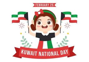 día nacional de kuwait el 25 de febrero con niños ondeando una bandera y celebración de la independencia en dibujos animados planos dibujados a mano ilustración de plantillas vector