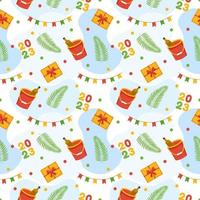 Happy New Year 2023 Seamless Pattern Design with Decoration in Template Hand Drawn Cartoon Flat Illustration vector