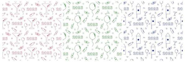 Set of Happy New Year 2023 Seamless Pattern Design with Decoration in Template Hand Drawn Cartoon Flat Illustration vector