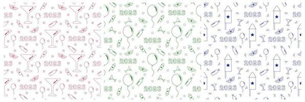 Set of Happy New Year 2023 Seamless Pattern Design with Decoration in Template Hand Drawn Cartoon Flat Illustration vector